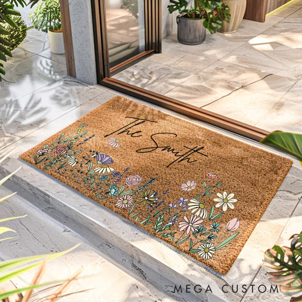 Personalized Doormat Custom Wildflowers Door Mat With Family Name Housewarming Wedding Gift for Couples First Home Gift New Home Gift 