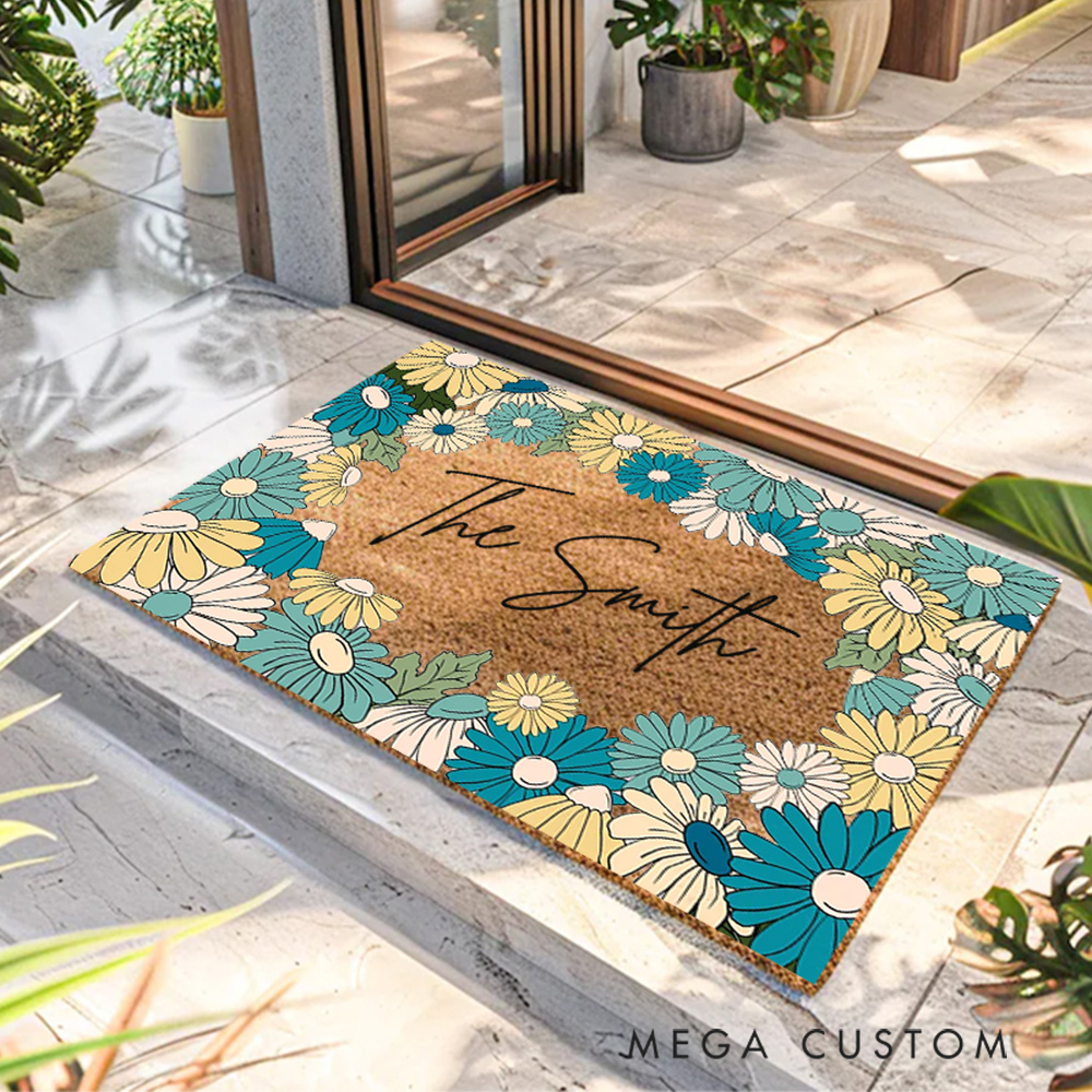 Personalized Doormat Custom Blue Flowers Door Mat With Family Name New Home Gift Housewarming Wedding Gift for Couples Christmas Gift First Home Gift