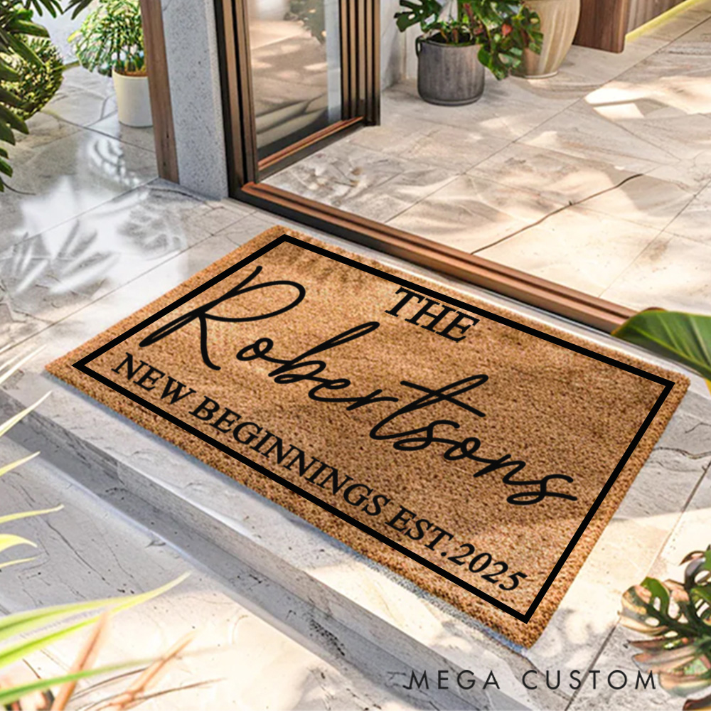 Personalized Doormat Custom New Beginnings Welcome Mat With Family Name New Home Gift Housewarming Wedding Gift for Couples Christmas Gift for Family