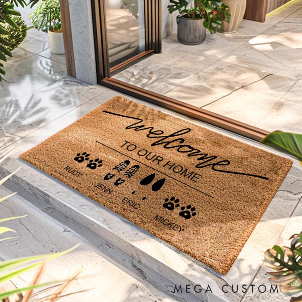 Personalized Welcome Doormat Custom Footprint and Paw Print Doormat Heartfelt Housewarming Gift for Families and Pet Lovers Christmas Gift