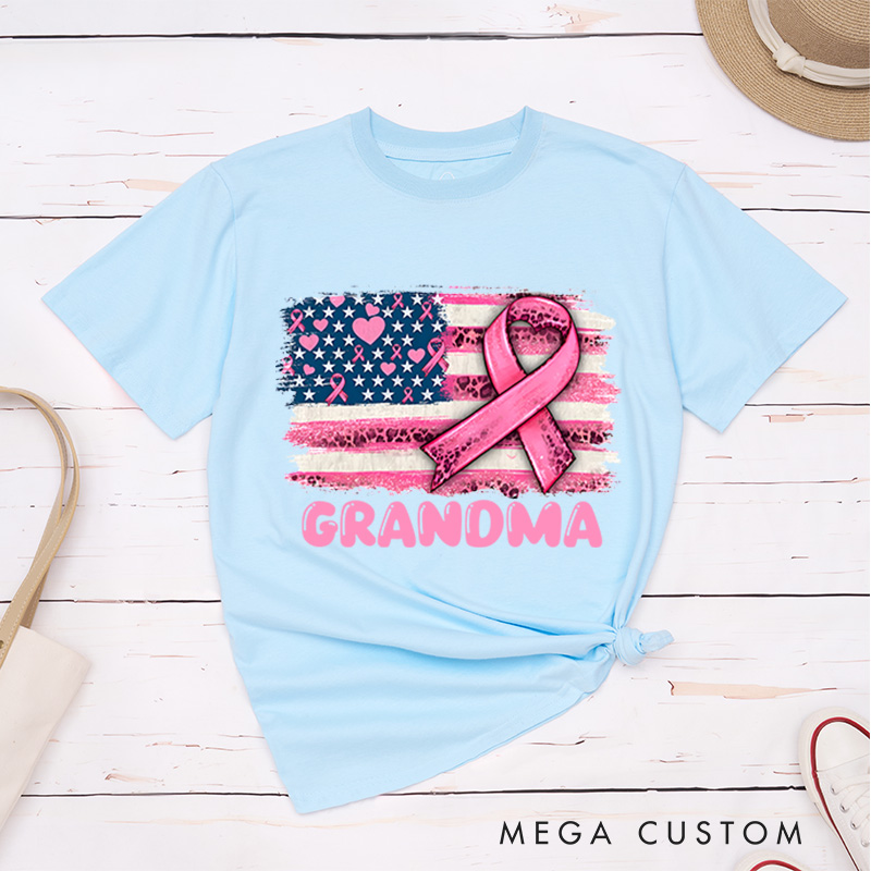 Personalized Pink Ribbon American Flag Breast Cancer T-Shirt Cancer Survivor Gift