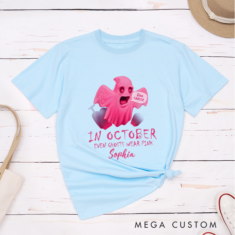 Personalized Breast Cancer Awareness T-Shirt in October Even Ghosts Wear Pink Cancer Support Gift Halloween Gift
