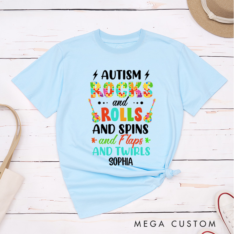 Personalized Autism Rocks and Rolls Spins Flaps and Twirls Shirt Funny Autism Awareness Month Gift