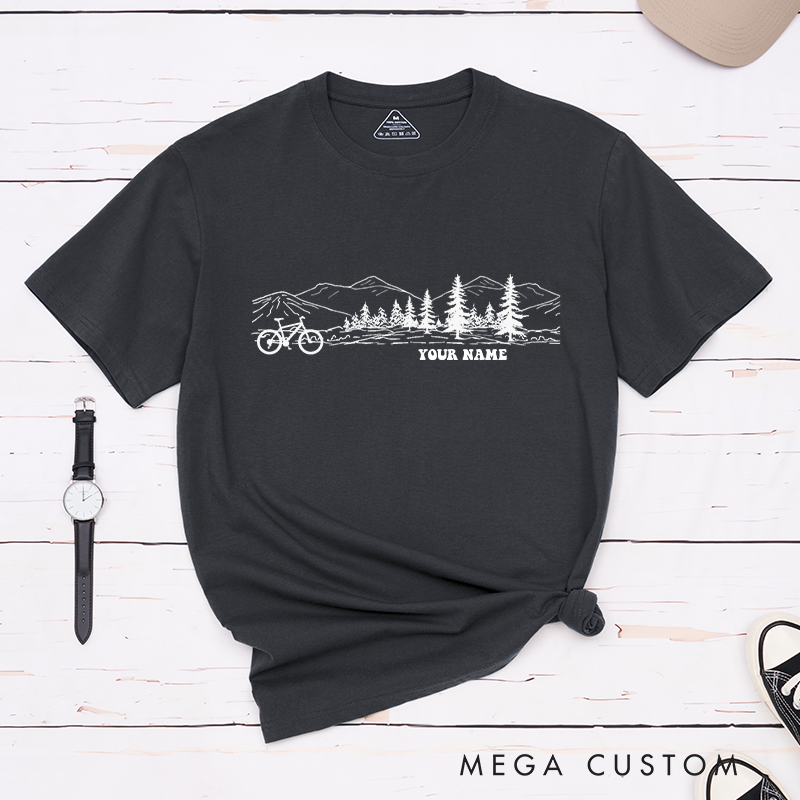 Personalized Scenic Mountain Bike T-Shirt with a Bicycle Outline for Outdoor Adventures Riding Cycling Biking Enthusiasts