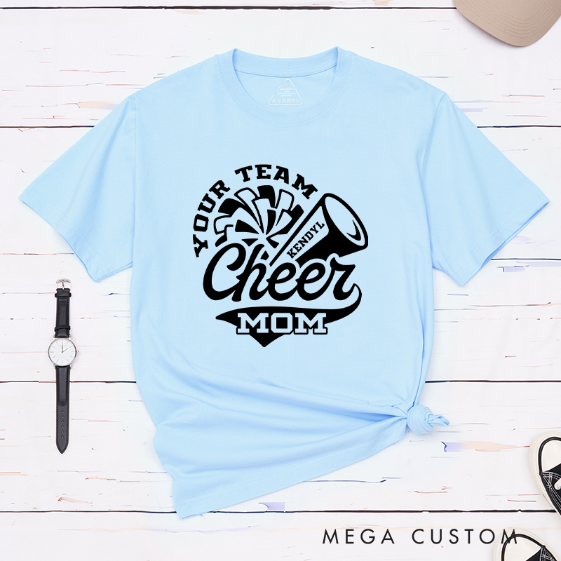 Personalized Cheer Mom T-Shirts Featuring Custom Team Name and Player Name on the Front for Game Day Spirit