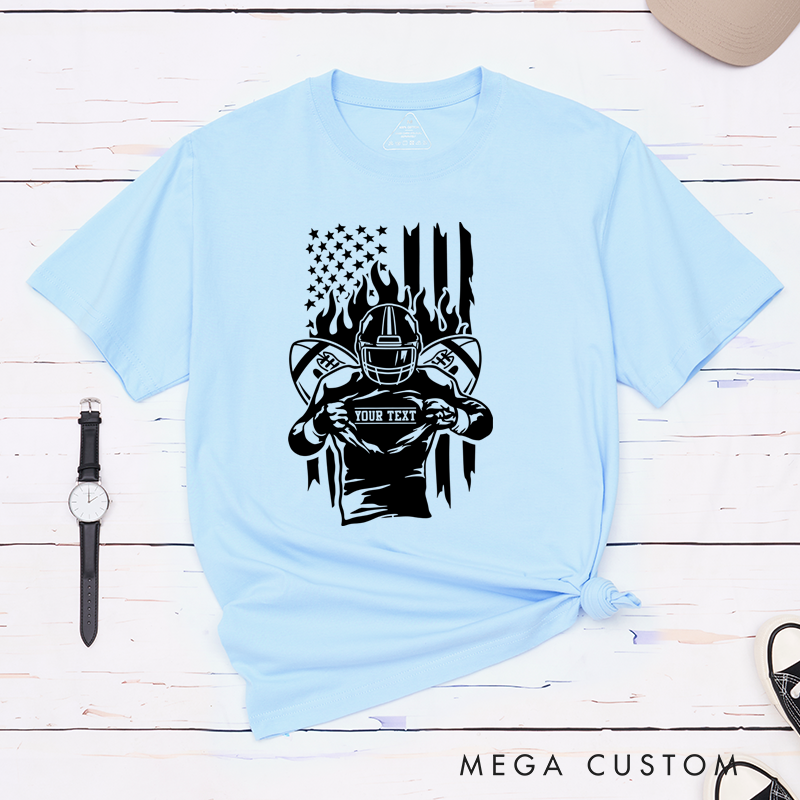 Personalized American Football Warrior T-Shirts Featuring Custom Text on the Front