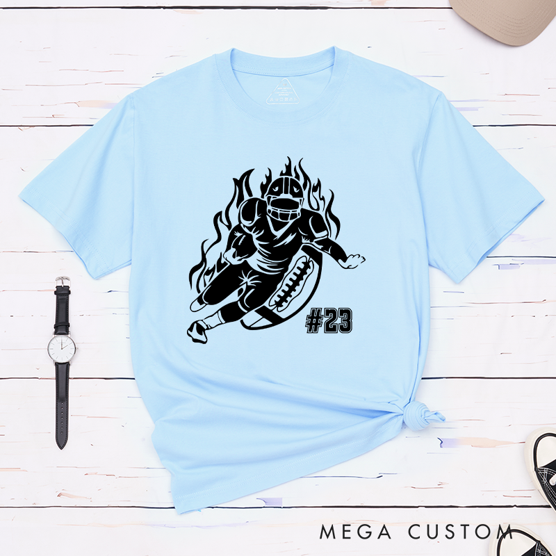 Personalized American Football Player T-Shirts Featuring Custom Number - Customizable Football Action Tee