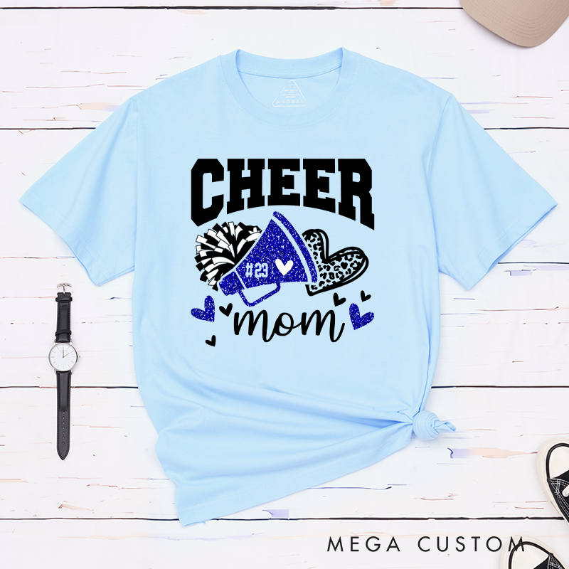 Personalized Cheer Mom T-Shirts Featuring Custom Name - Leopard Glitter Print Heart T-Shirt