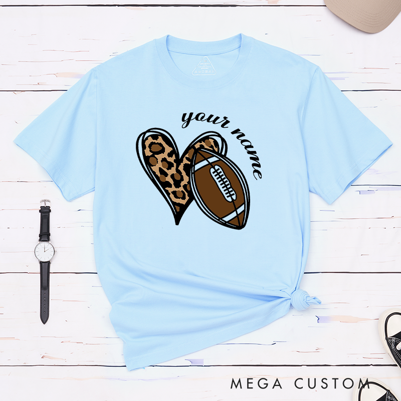 Personalized American Football and Rugby Leopard Love T-Shirts Featuring Custom Name