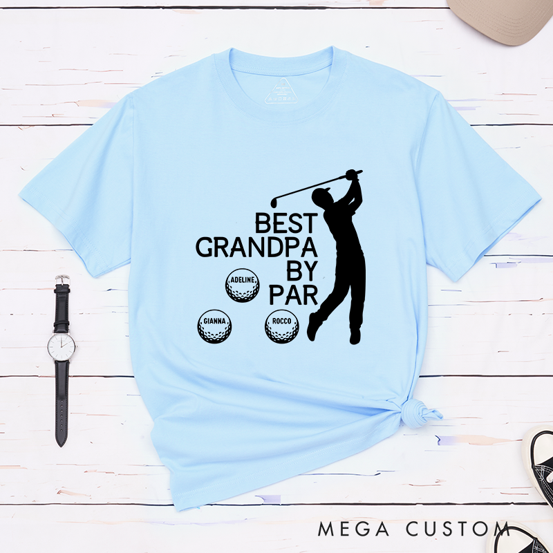 Personalized "Best Grandpa or Papa by Par" T-Shirt with Custom Grandkid Names, Perfect Gift for Golf-Loving Grandpas and Papas