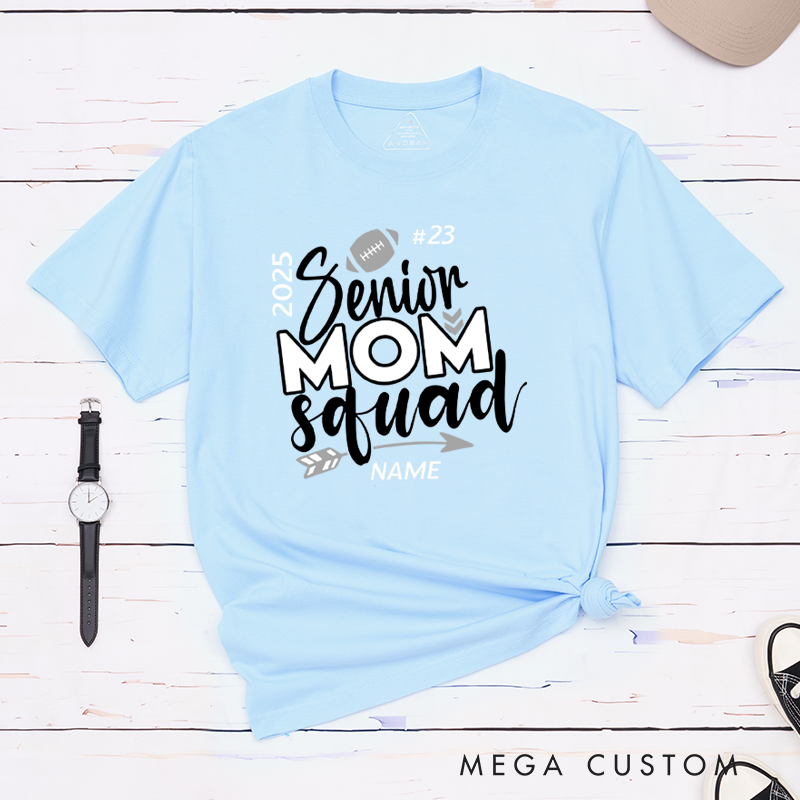 Personalized Senior Mom Squad T-Shirts for American Football and Rugby, Featuring Your Custom Design