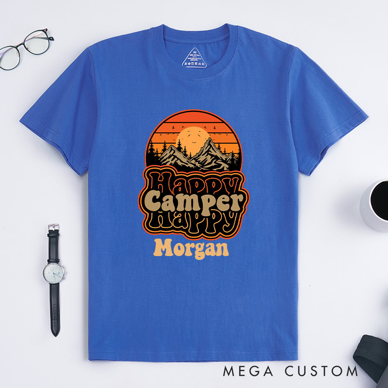 Personalized Happy Camper Retro Mountain SunseT-Shirt Camping Adventure Shirt for Nature Travelers Outdoors Lover Gift