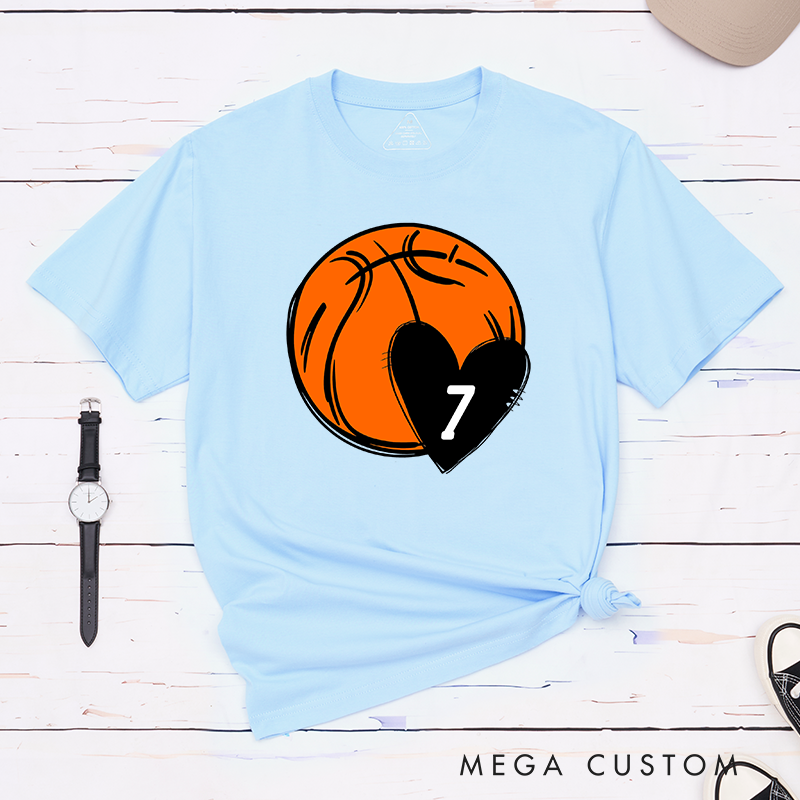 Personalized Basketball T-Shirt with Heart and Custom Jersey Number Design Perfect for Basketball Fans and Players