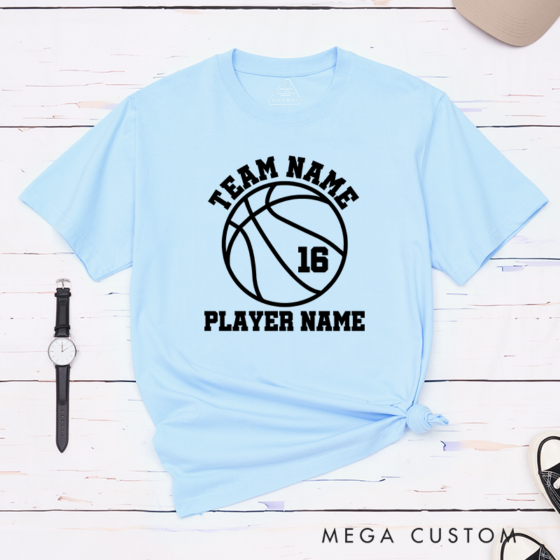 Personalized Basketball Team T-Shirt with Custom Team Name Player Name Jersey Number and Bold Graphic Design