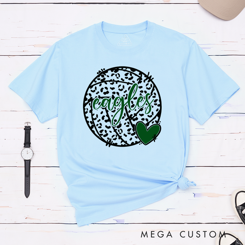 Personalized Volleyball Love and Leopard Print T-Shirts Featuring Your Team Name