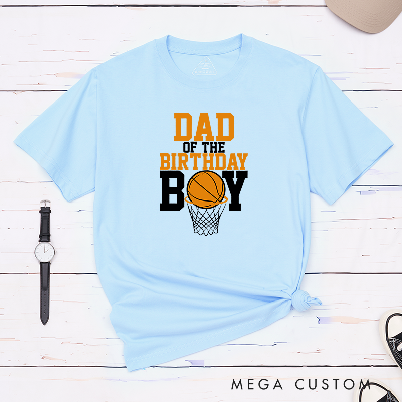 Personalized Family Basketball Birthday T-Shirts with Customizable Titles for Dad, Mom, Brother, Sister, and More Featuring Bold Typography and Basketball Hoop Graphic Design