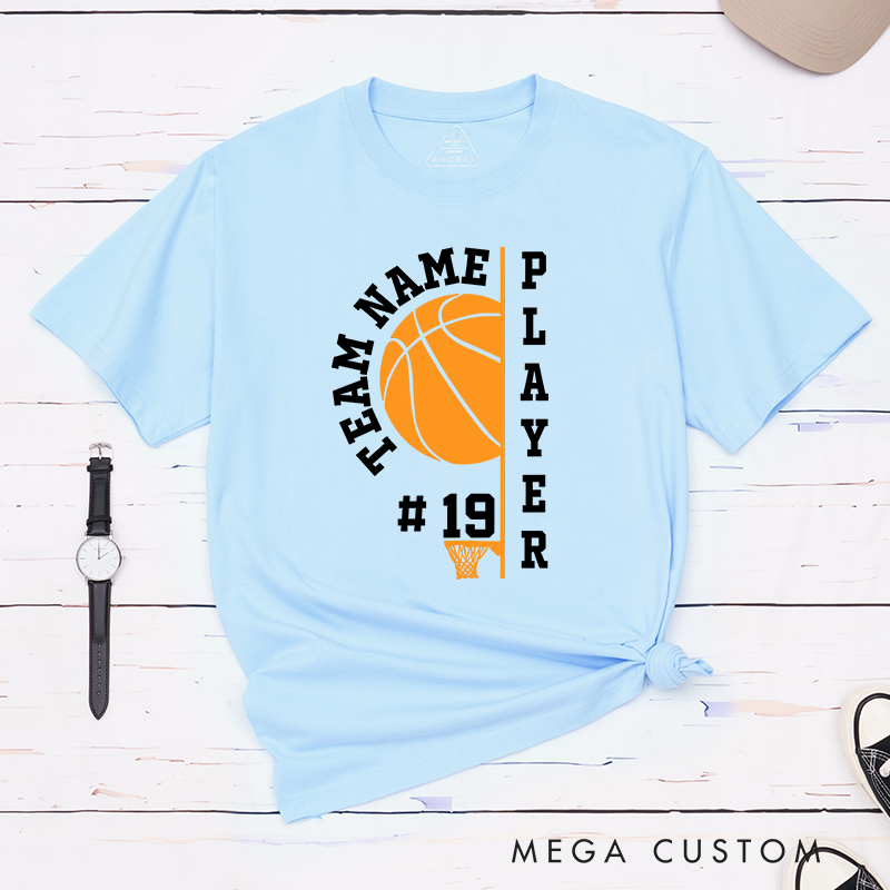 Personalized Basketball T-Shirt with Customizable Team Name, Player Name, Jersey Number, Bold Basketball Graphic, and Modern Vertical Typography Design