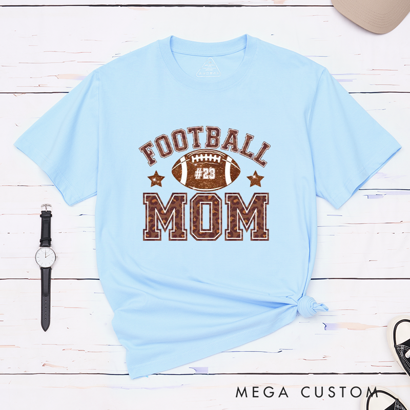 Personalized Leopard-Print American Football Mom T-Shirts Featuring Custom Number