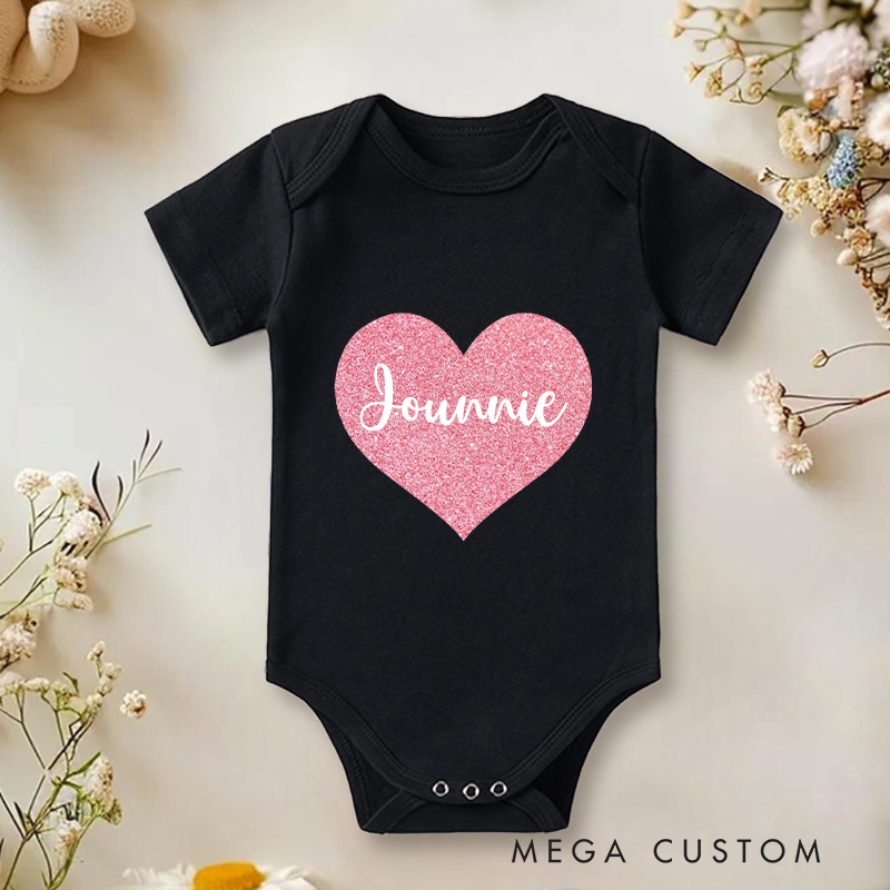 Personalized Pink Glitter Heart Baby Name Gifts for Newborn Pregnancy Announcement Natural Baby Onesie