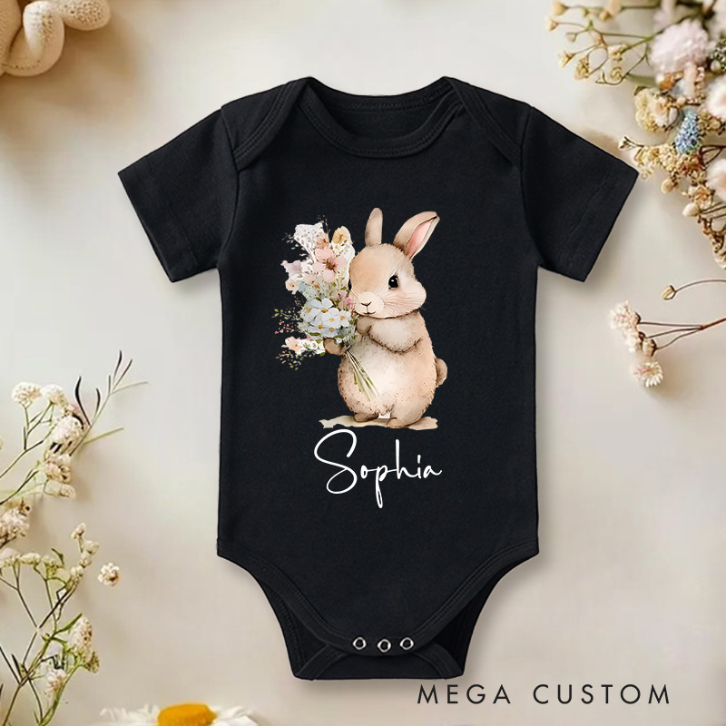 Personalized Easter Cute Bunny With Flower Baby Name Baby Onesie Gift for Newborn Easter Gifts 