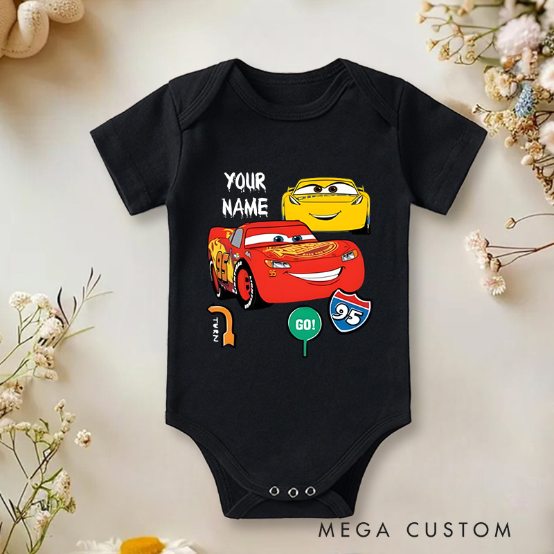 Personalized Cars Themed Design with Lightning McQueen and Cruz Ramirez Baby Onesie