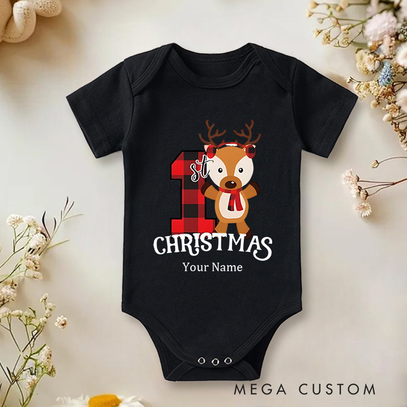 Personalized Baby's 1st Christmas Adorable Reindeer and Plaid Baby Onesie