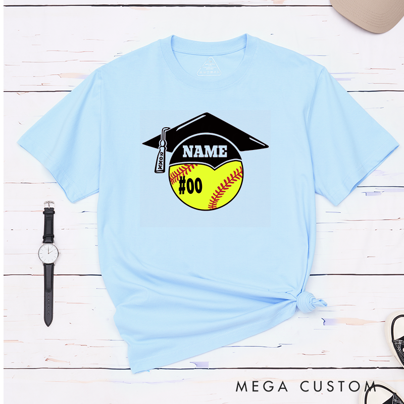Personalized Graduation Softball T-Shirt Design Featuring Custom Name Player Number Graduation Cap and Bat Graphic