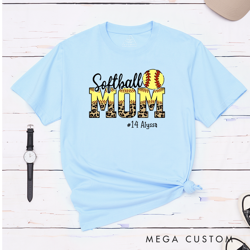 Personalized Softball Mom T-Shirt Design Featuring Leopard Print Bold Text Softball Graphic and Custom Player Name and Number