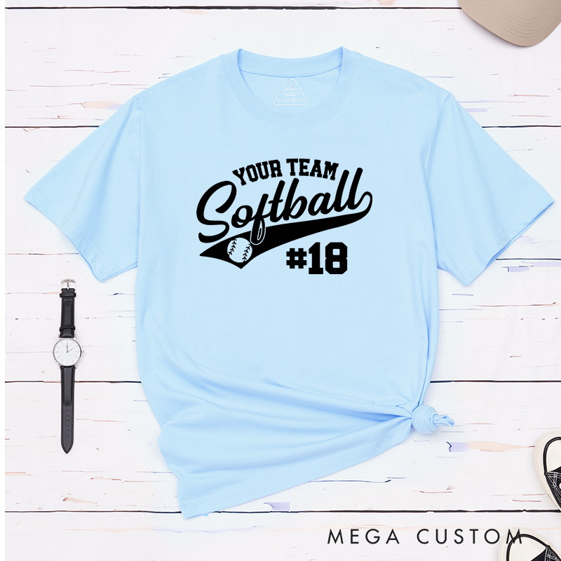 Personalized Softball Team T-Shirt Design Featuring Customizable Team Name Elegant Script Softball Text Dynamic Swoosh Element Baseball Graphic and Custom Player Number