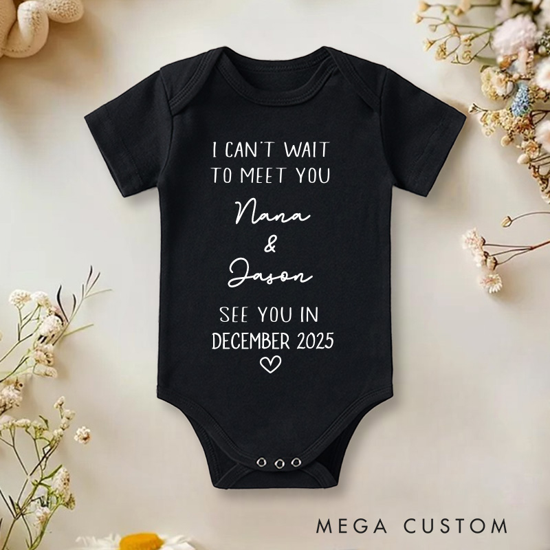 Personalized I Can't Wait To Meet You Baby Onesie Announcement Reveal Gift
