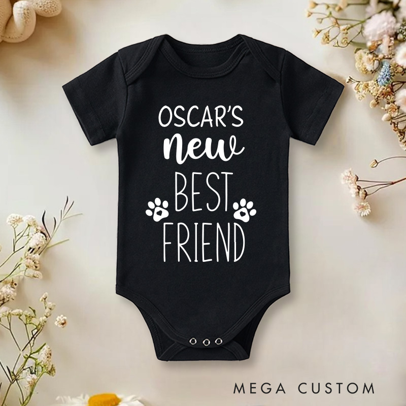 Personalized New Best Friend Baby Onesie with Dog Name New Baby Girl Boy Gift