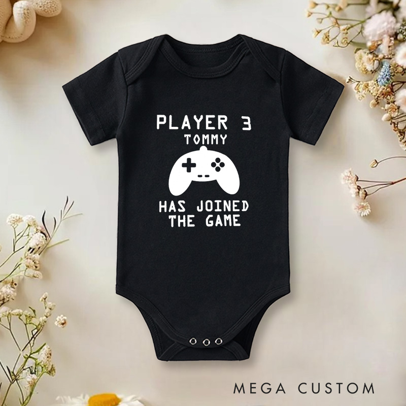 Personalized Player 3 Has Joined the Game Fun Gaming for Growing Families Baby Onesie