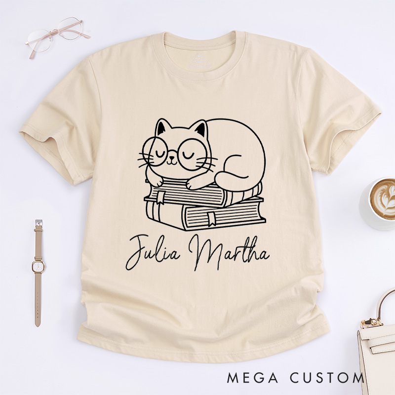 Personalized Books and Cat Classic T-Shirts Funny Cat Tee Funny Reading Shirt Cat Shirt Book Shirt Customized Name Shirt Gift for Books Lover