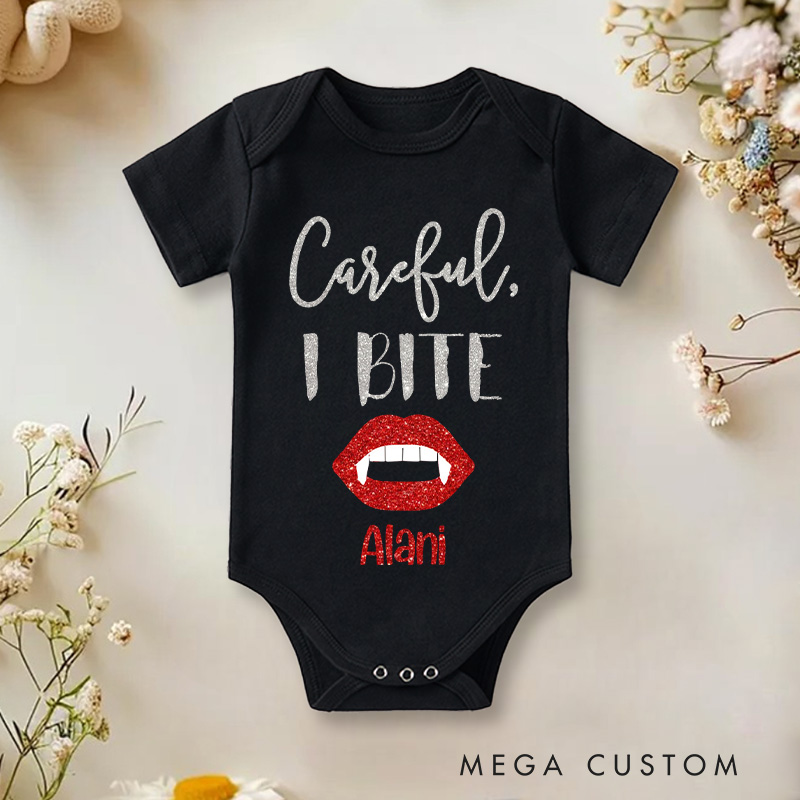 Personalized Careful I Bite Halloween Vampire Baby Onesie 1st Halloween Baby Gift