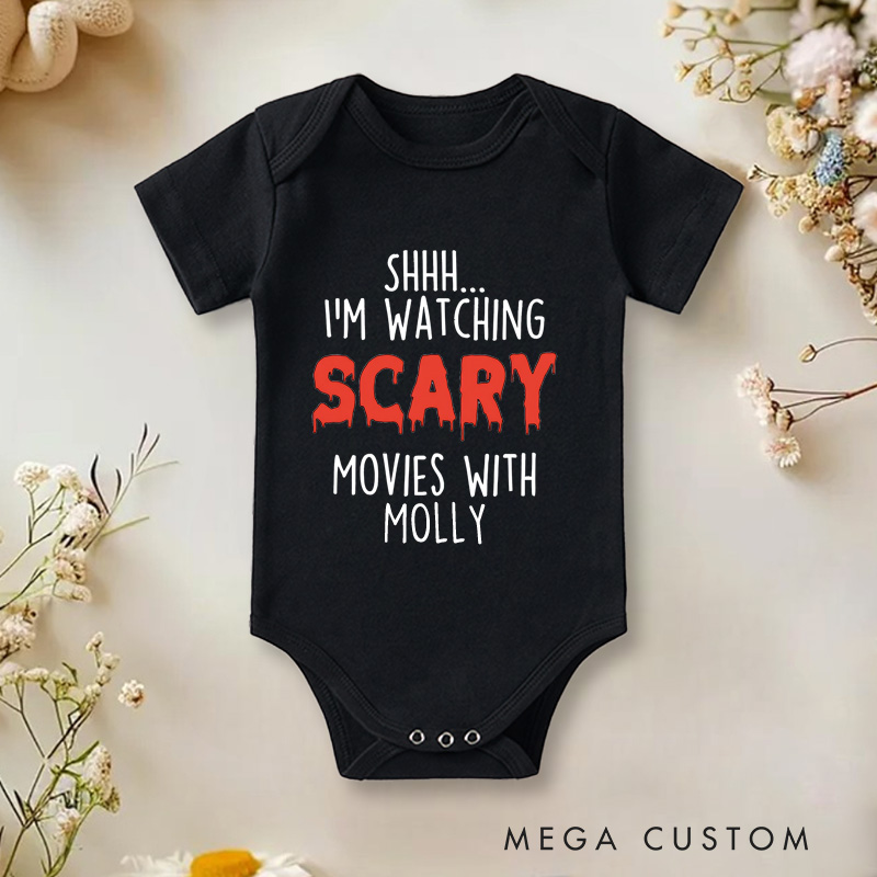 Personalized Shhh... I'm Watching Scary Movies with MOMMY Baby Onesie Newborn Baby Gift