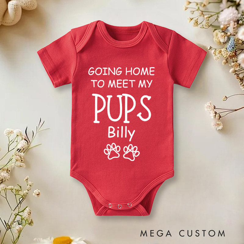 Personalized Going Home to Meet My Pups Paw Print Baby Onesie Pet Lover Gift