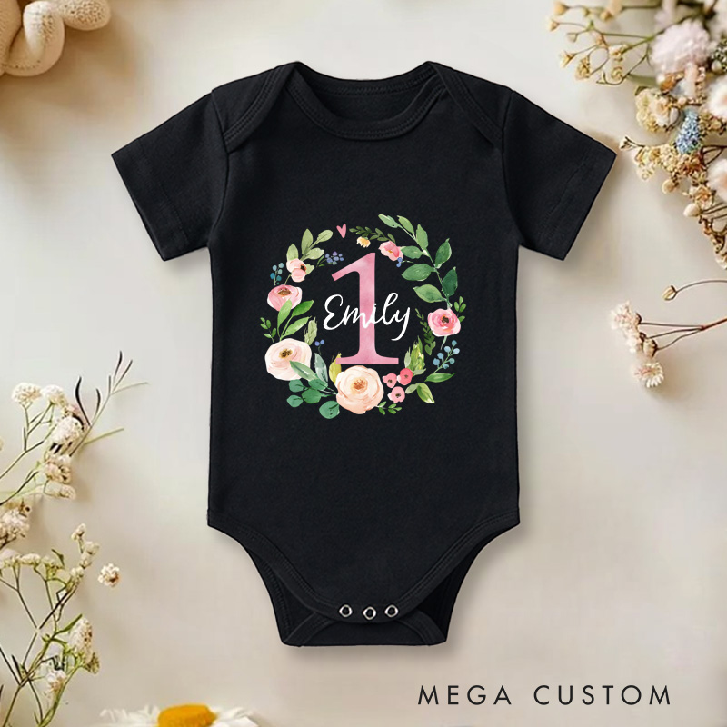 Personalized First Birthday Baby Onesie with Your Name Floral Birthday Gift Newborn Gift