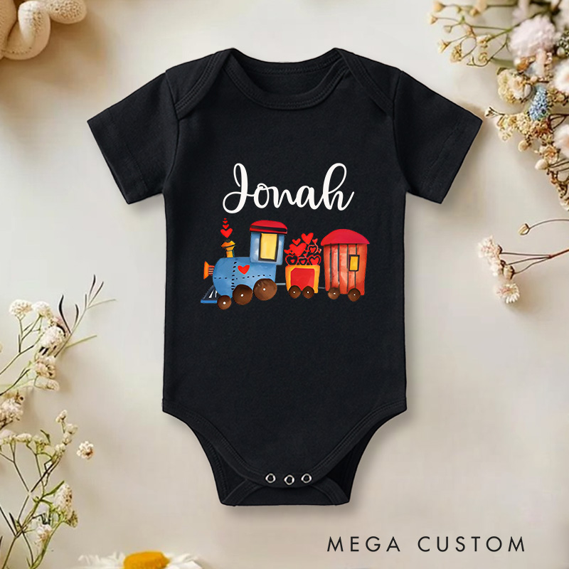 Personalized Valentine's Train Design with Hearts Baby Onesie Funny Baby Gift