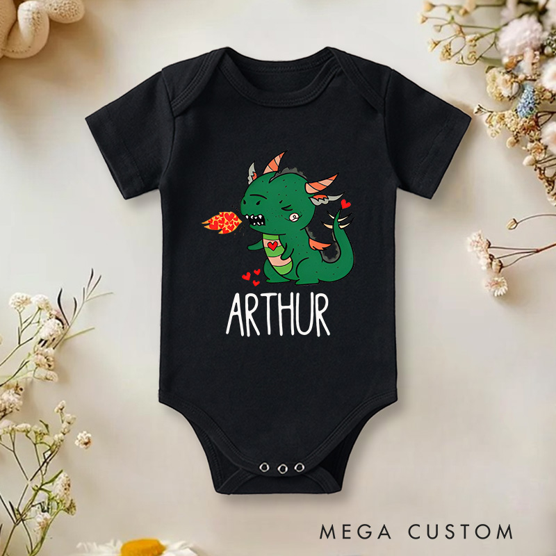 Personalized Cute Dragon Design with Hearts and Fire Baby Onesie Valentine's Day Baby Gift