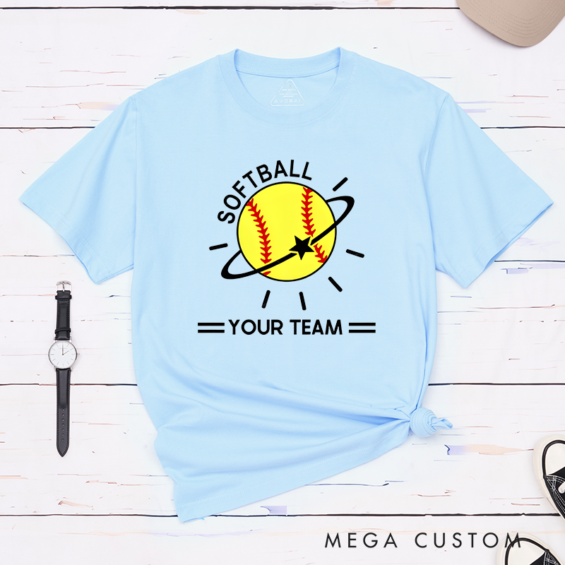 Personalized Softball Team T-Shirt Design Featuring Customizable Team Name Vibrant Softball Graphic with Orbiting Star and Radiating Lines