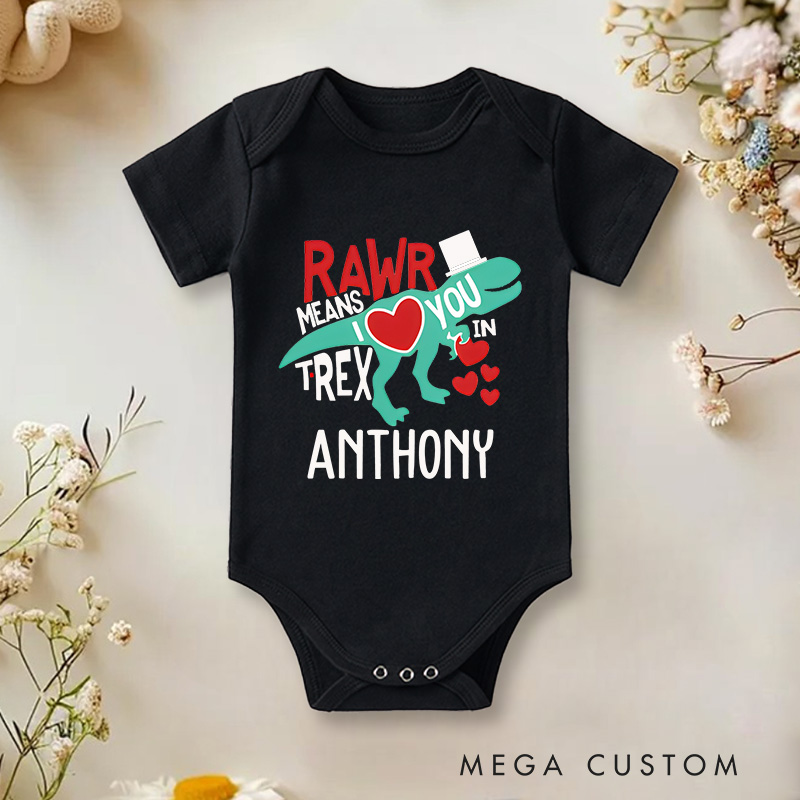 Personalized Rawr Means I Love You T-Rex Valentine's Baby Onesie Gift for Baby