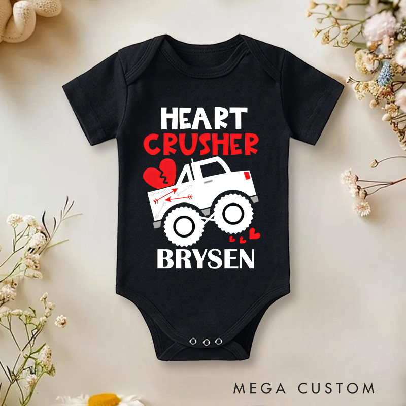 Personalized Heart Crusher Truck Valentine's Baby Onesie Gift for New Baby