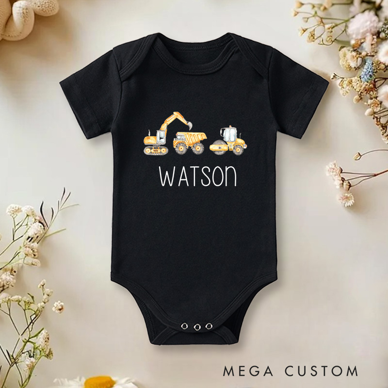 Personalized Construction Vehicle Themed Design for Kids and Families Baby Onesie