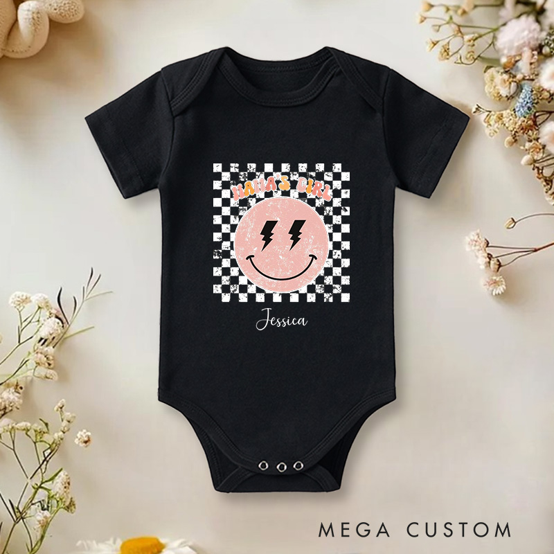 Personalized Mama’s Boy Rock and Roll Themed Design with Checkered Background Baby Onesie