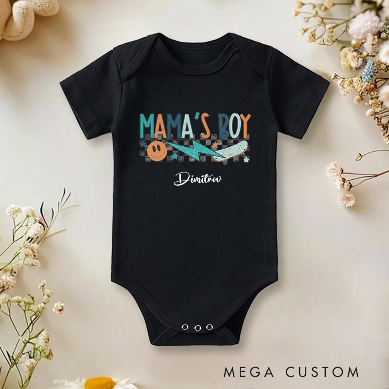 Personalized Mama’s Boy Retro Checkered Design Celebrating the Bond with Mom Baby Onesie