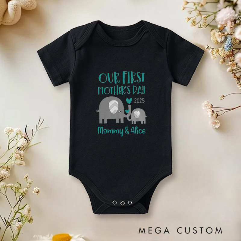 Personalized Our First Mother’s Day Mommy and Baby Elephant Cute Baby Onesie