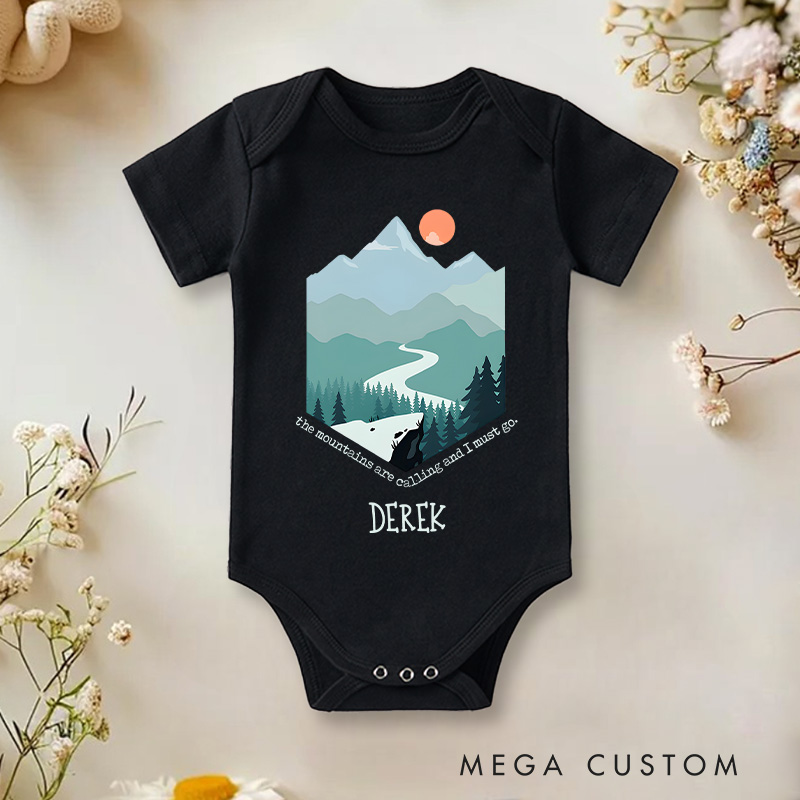 Personalized Derek Mountain and Path Adventure Art Baby Onesie Travel Baby Gift