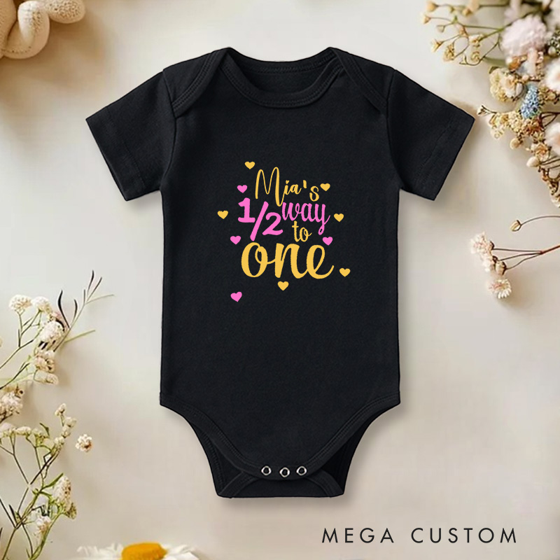 Personalized Baby’s Halfway to One Cute and Colorful Half Birthday Celebration Baby Onesie  
