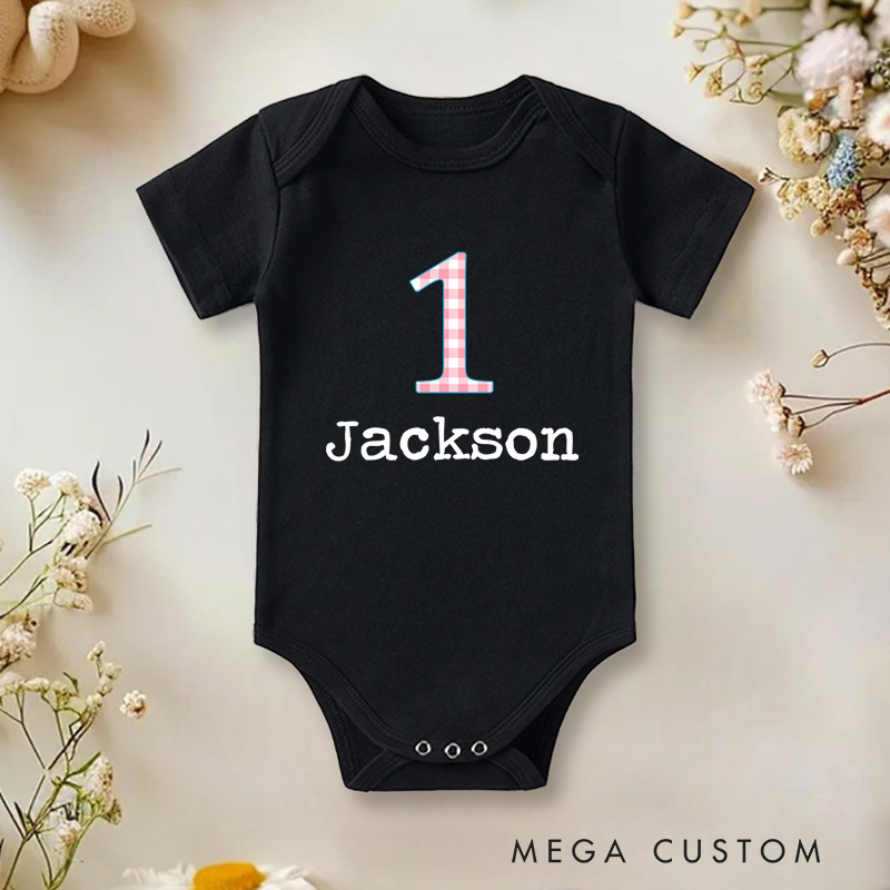 Personalized Number One Checkered Birthday Celebration Baby Onesie  