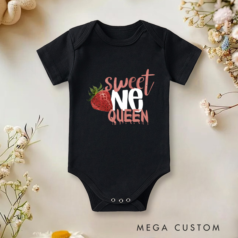Personalized Sweet One Queen Strawberry Inspired First Birthday Celebration Baby Onesie  